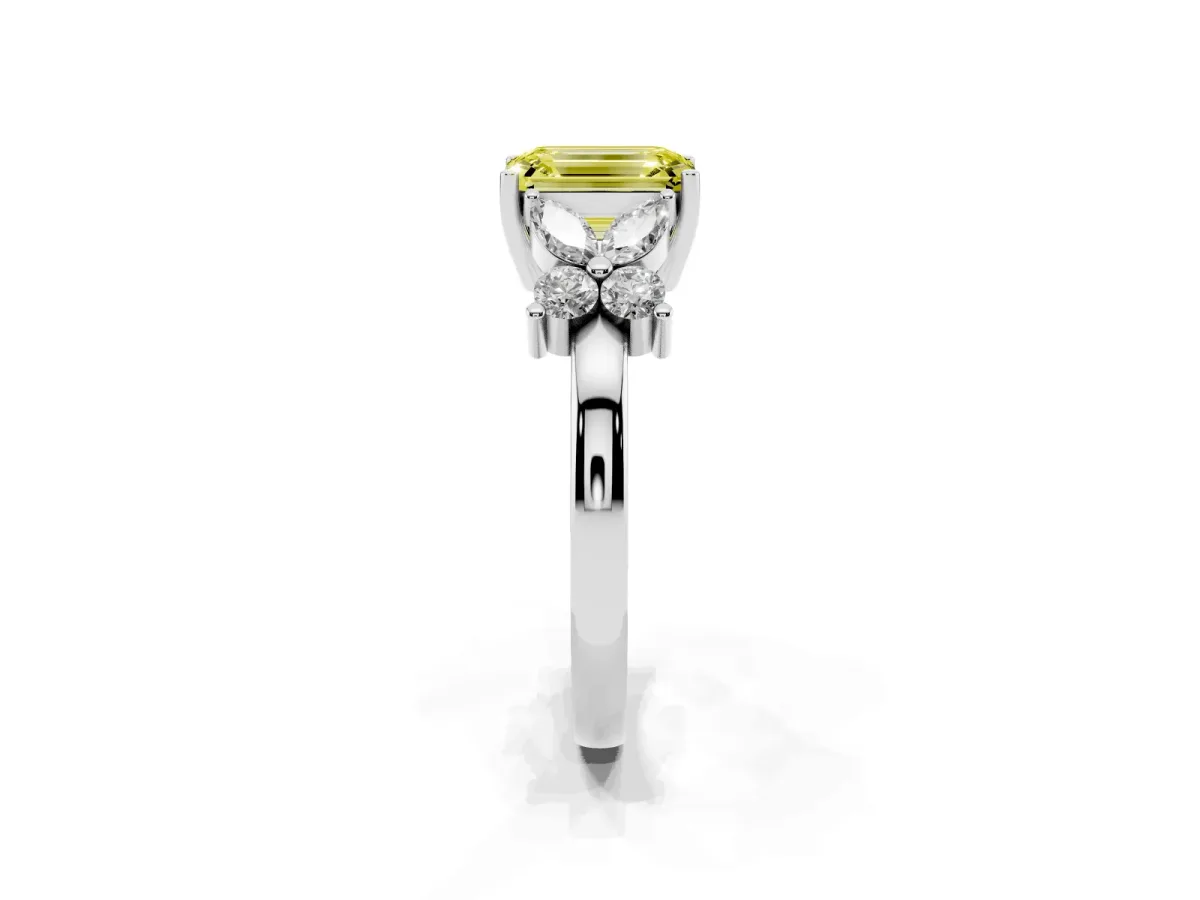 Fancy Yellow Emerald Cut Diamond Floral Cluster Ring with Solitaire Band and Prong Setting Platinum