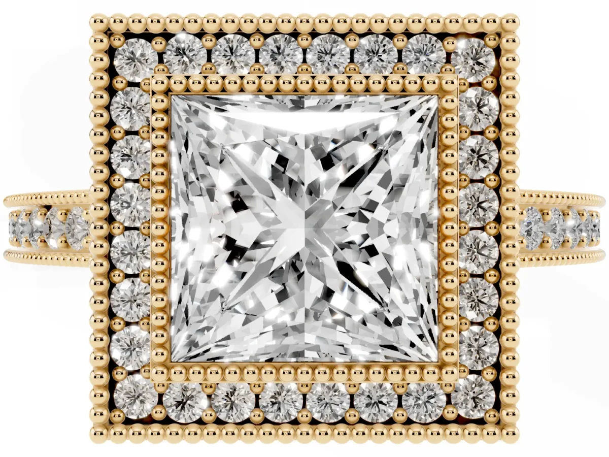 Princess Cut Cut Halo Pavé Diamond Ring Yellow gold