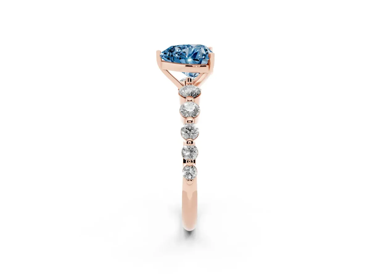 Fancy Blue Heart Cut Solitaire Diamond Ring with Pave Band and Four-Prong Setting Rose gold