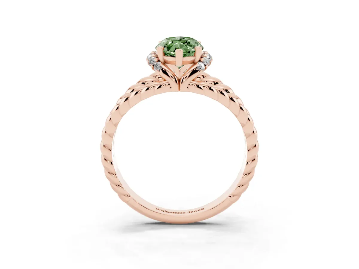 Fancy Green Marquise Cut Halo Twisted Band Four-Prong Ring Rose gold