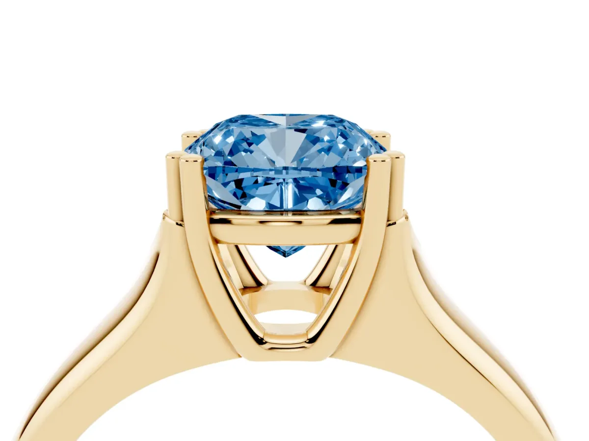 Fancy Blue Cushion Cut Diamond Solitaire Ring with Wide Band and Prong Setting Yellow gold