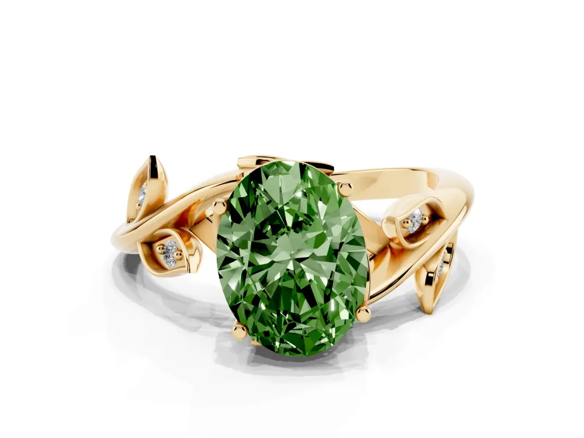 Fancy Green Oval Cut Solitaire Twist Engagement Ring with Leaf Accents and Prong Setting Yellow gold