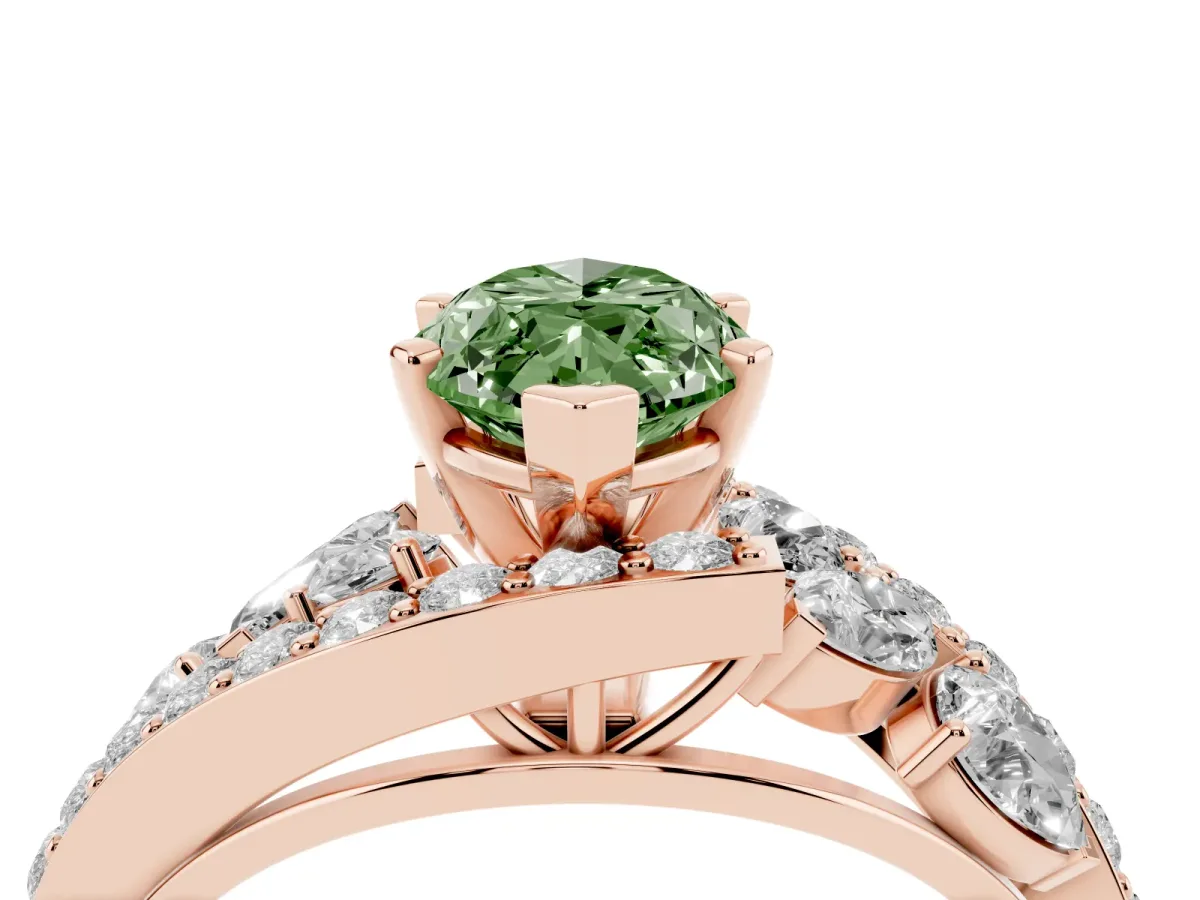 Fancy Green Marquise Cut Diamond Halo Ring with Marquise and Pavé Band in Prong Setting Rose gold