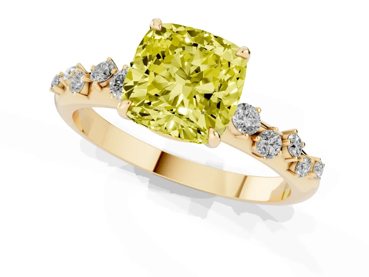 Fancy Yellow Cushion Cut Diamond Cluster Prong-Set Solitaire Ring Yellow gold