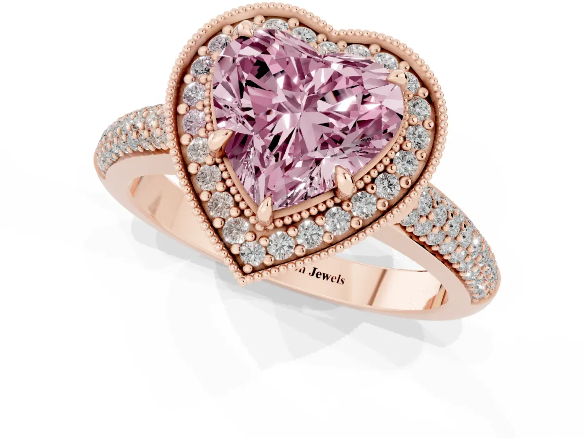 Fancy Pink Heart Cut Cut Halo Diamond Pave Band with Four-Prong Setting Rose gold