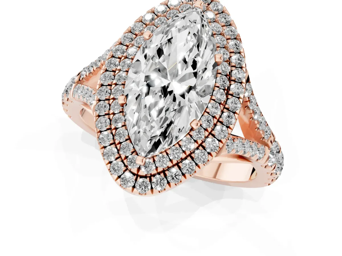 Double Halo Marquise Cut Diamond Split Shank Engagement Ring with Four-Prong Setting Rose gold