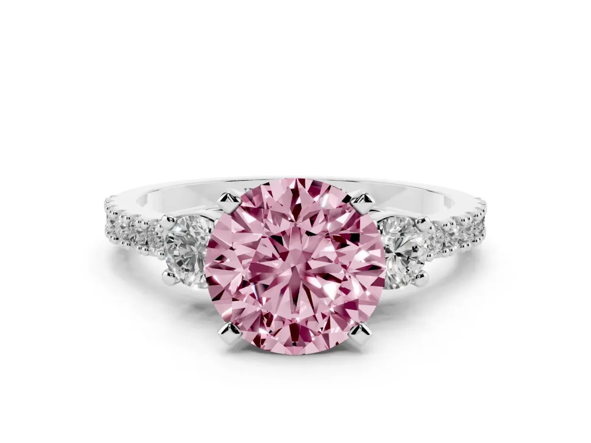 Fancy Pink Round Cut Three-Stone Diamond Pavé Band with Prong Setting Silver