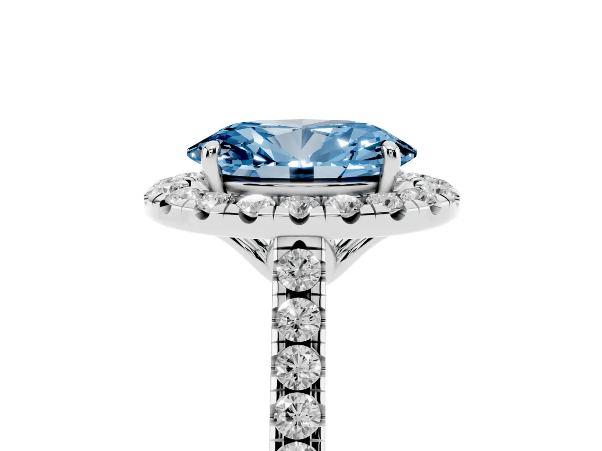 Fancy Blue Oval Cut Halo Pavé Diamond Engagement Ring with Four-Prong Setting Silver