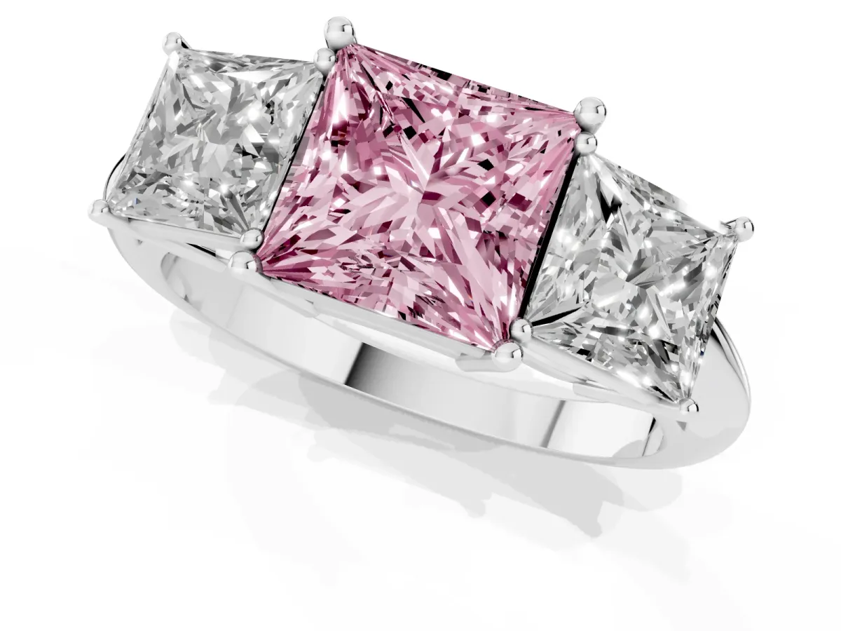 Fancy Pink Three-Stone Princess Cut Cut Diamond Engagement Ring with Prong Setting on a White Gold Band Platinum