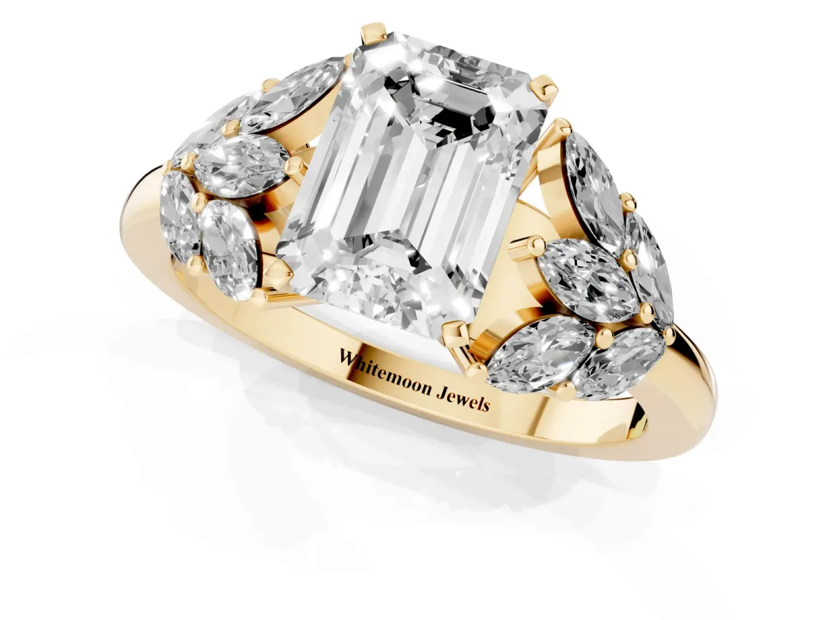 Emerald Cut Diamond Cluster Leaf Design Ring with Prong Setting Yellow gold