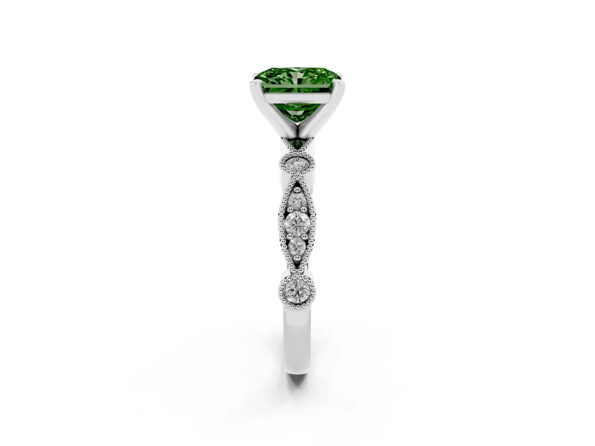 Fancy Green Radiant Cut Milgrain Bezel Diamond Engagement Ring with Solitaire Prong Setting Silver