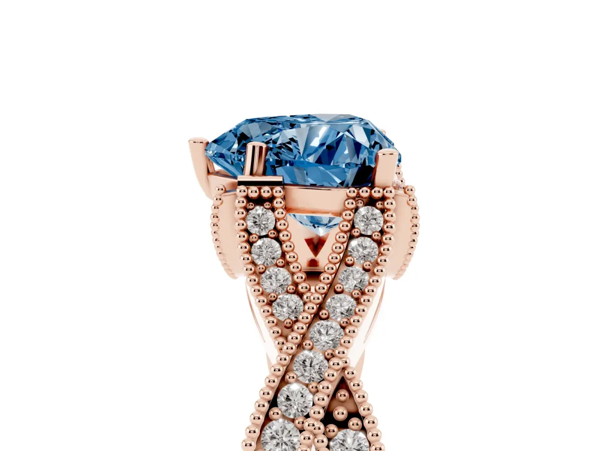 Fancy Blue Heart Cut Cut Diamond Twisted Band with Milgrain Pave Setting and Four-Prong Setting Rose gold