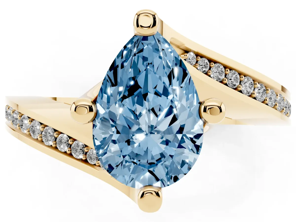 Fancy Blue Pear Cut Solitaire Diamond Twist Band with Pavé Setting and Four-Prong Setting Yellow gold