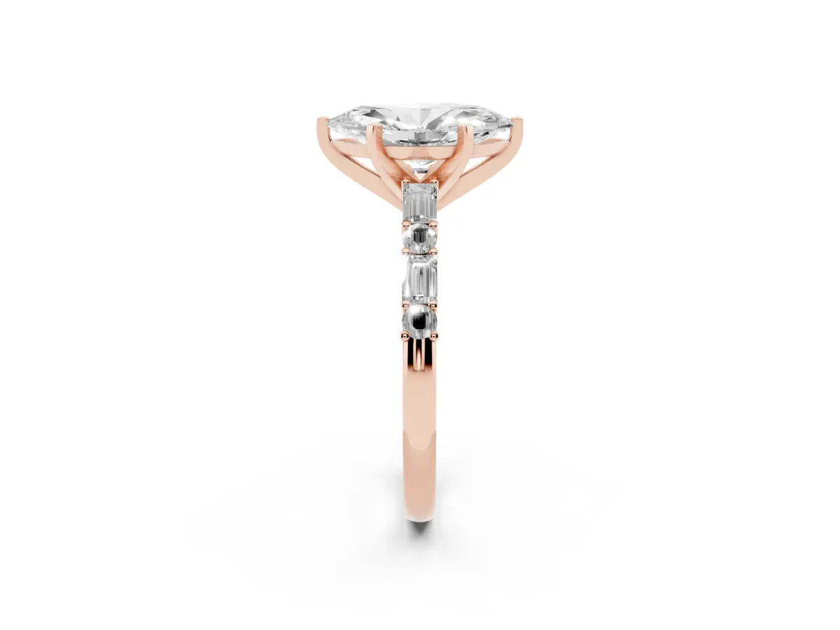 Marquise Cut Diamond Solitaire with Side Baguettes and Channel Set Band Rose gold