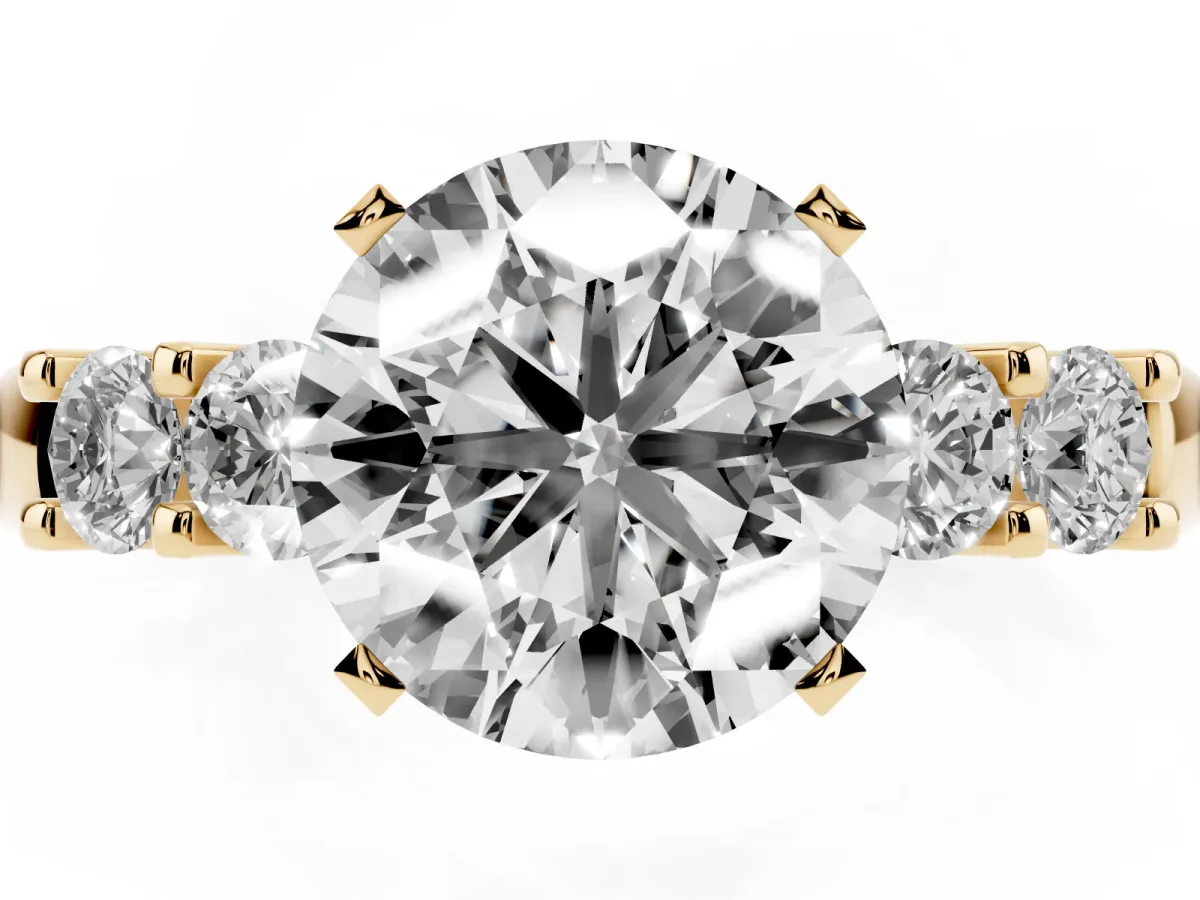 Round Cut Brilliant Cut Diamond Five-Stone Prong Set Engagement Ring with Channel Band Yellow gold