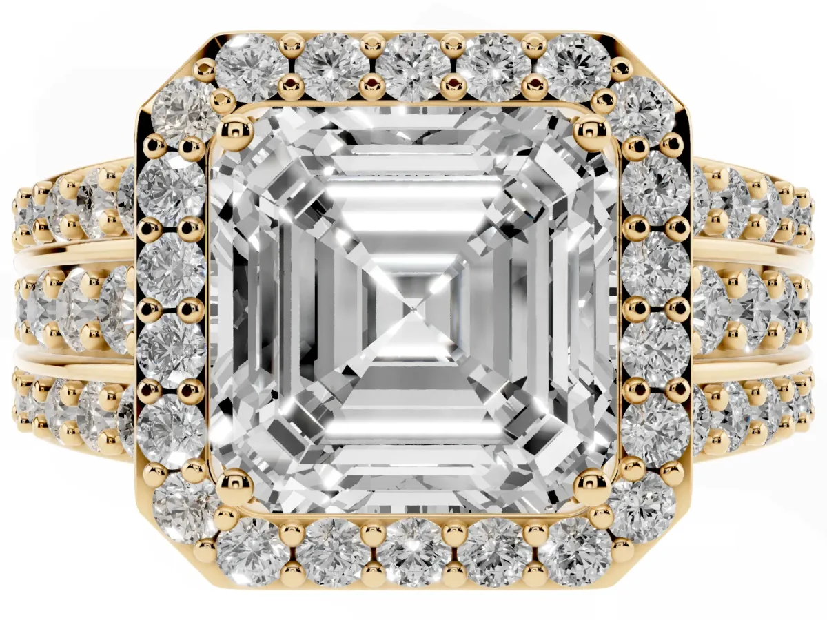 Asscher Cut Halo Diamond Ring with Round Split Shank and Prong Setting Yellow gold