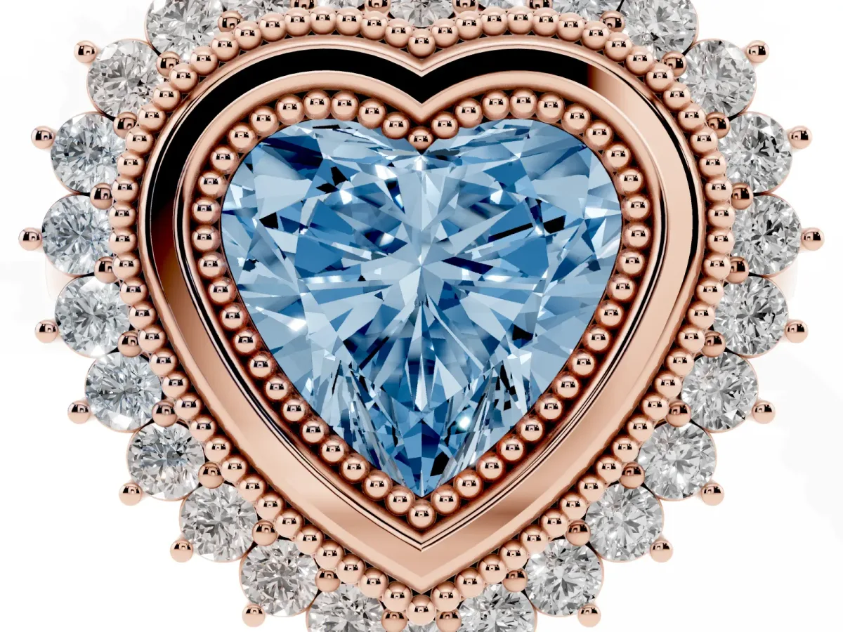Fancy Blue Heart Cut Halo Diamond Ring with Milgrain Edge and Round Prong Setting Rose gold
