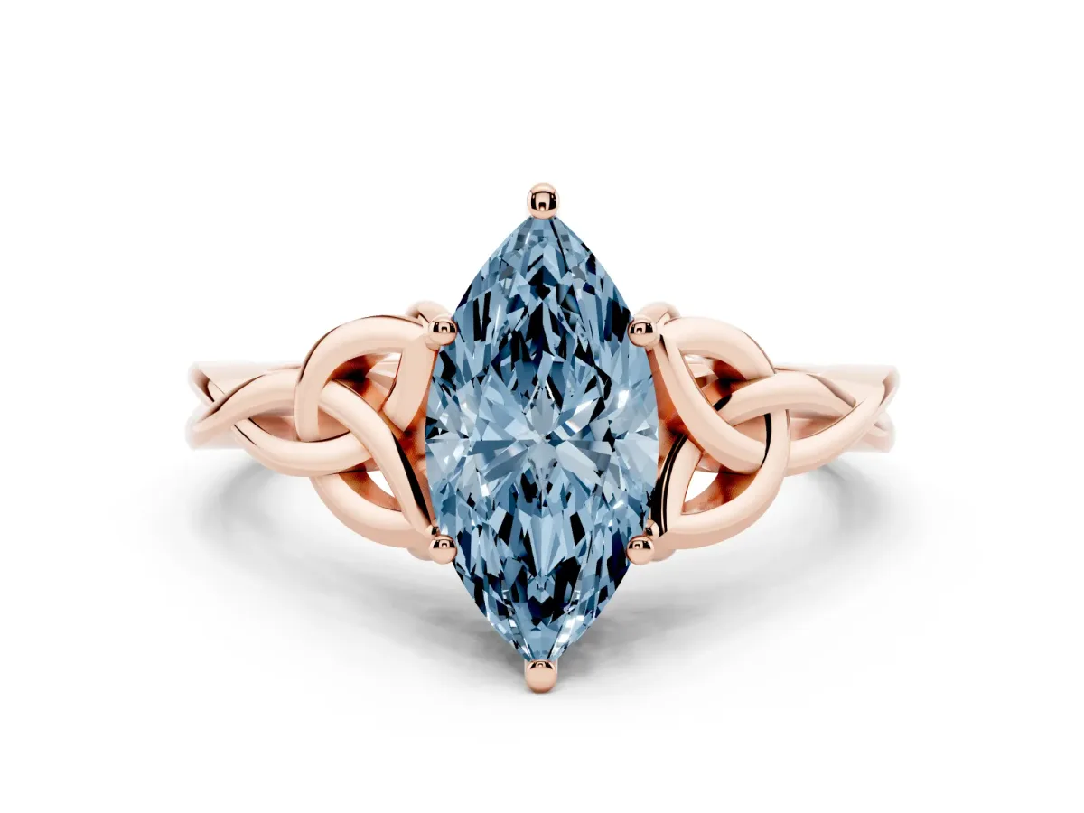 Fancy Blue Marquise Cut Diamond Solitaire Engagement Ring with Celtic Knot Band and Four-Prong Setting Rose gold