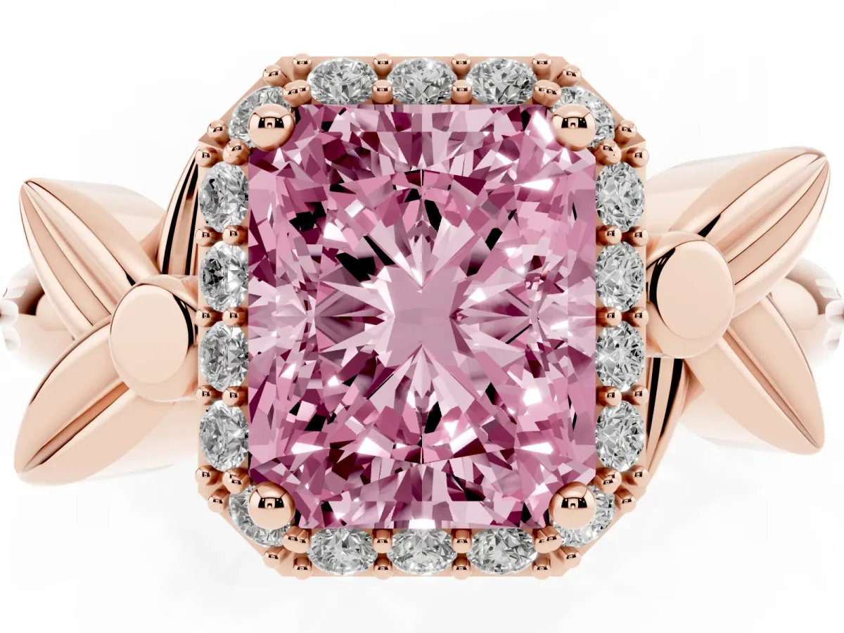 Fancy Pink Radiant Cut Halo Diamond Floral Band with Four-Prong Setting Rose gold