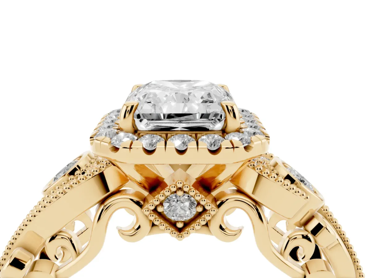 Radiant Cut Diamond Halo Ring with Milgrain Pavé Band and Four-Prong Setting Yellow gold