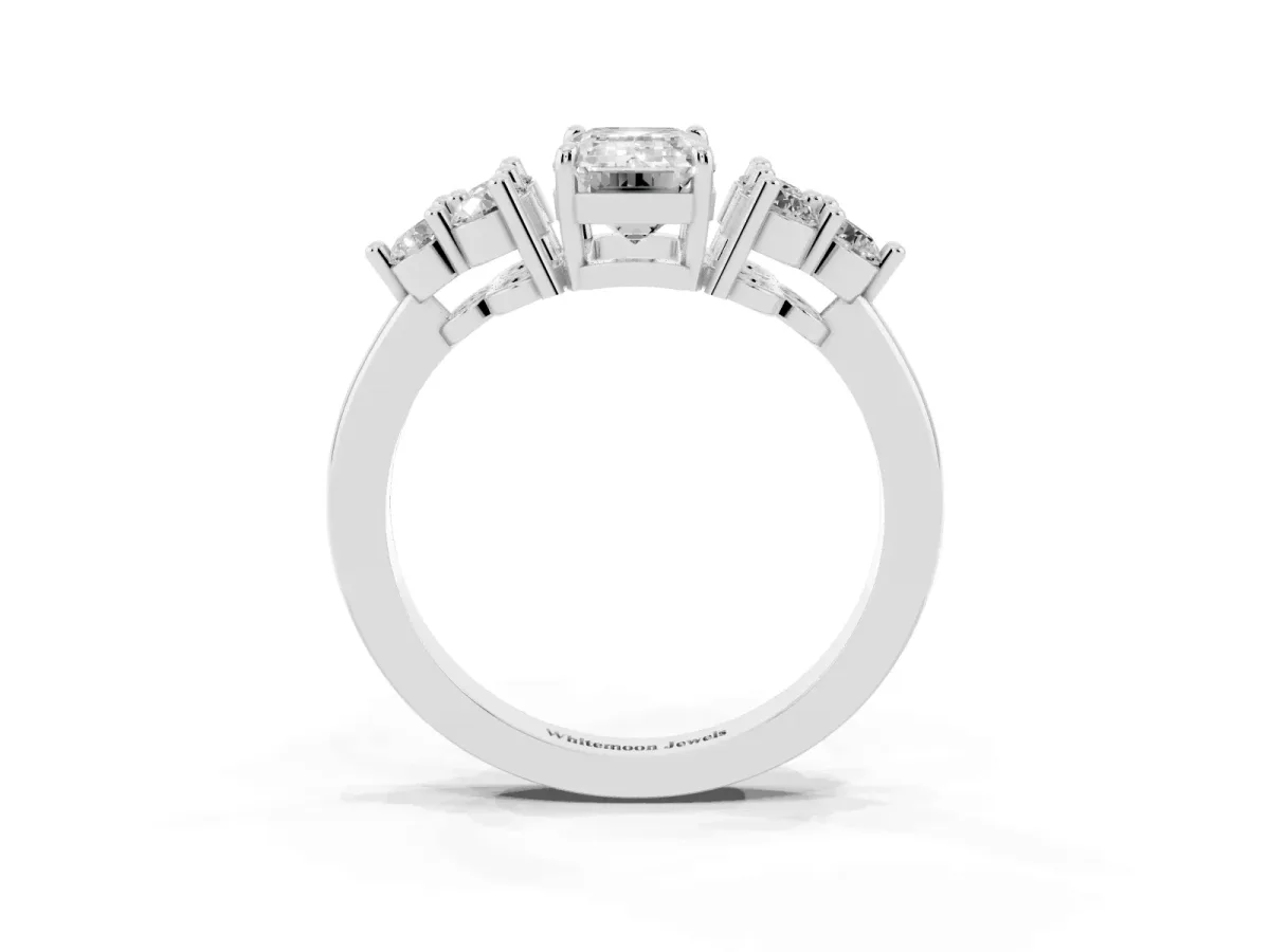 Emerald Cut Brilliant Diamond Cluster Accent Solitaire Ring with Prong Setting Silver