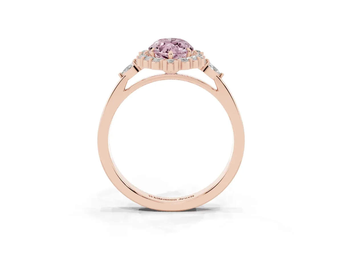 Fancy Pink Marquise Cut Diamond Halo Ring with Pear Side Stones and Prong Setting Rose gold