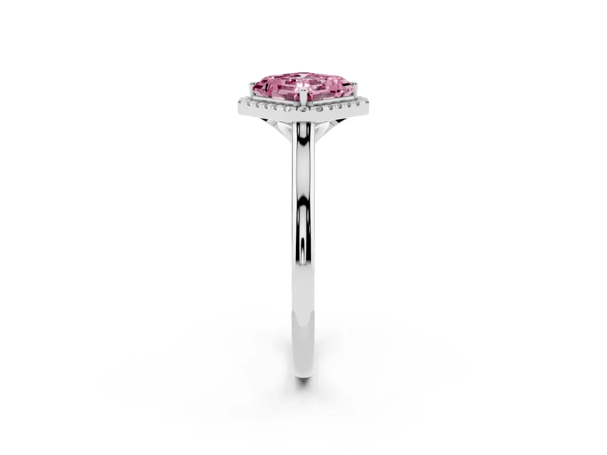 Fancy Pink Asscher Cut Halo Round Diamond Solitaire Engagement Ring with Pave Band and Four-Prong Setting Platinum