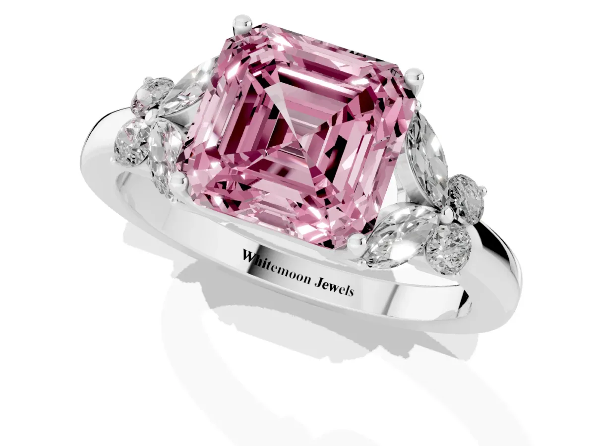Fancy Pink Asscher Cut Cut Solitaire Floral Diamond Ring with Four-Prong Setting Silver