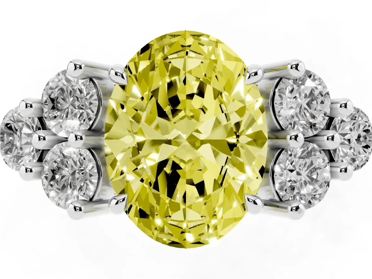 Fancy Yellow Oval Cut Brilliant Diamond Cluster Accent Solitaire Ring with Prong Setting White gold