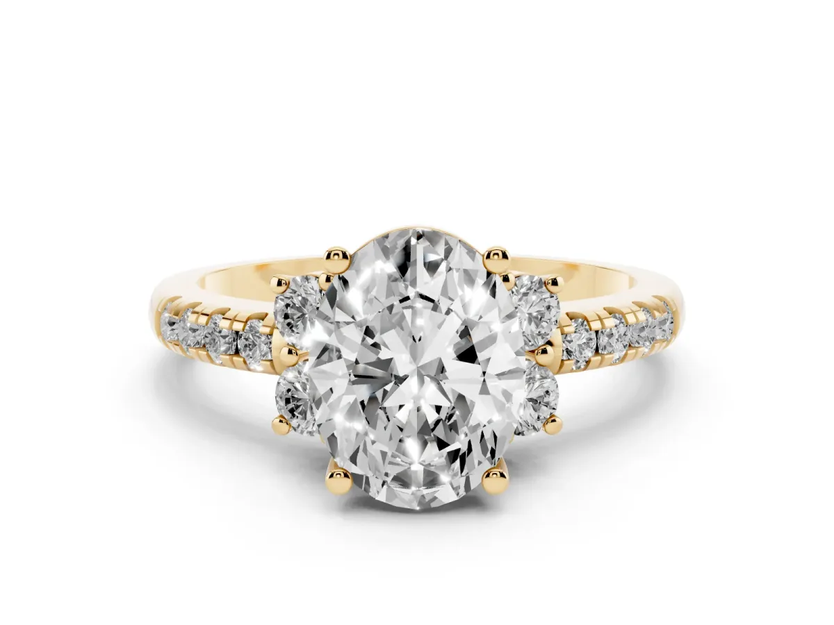 Oval Cut Diamond Three-Stone Pave Band with Four-Prong Setting Yellow gold
