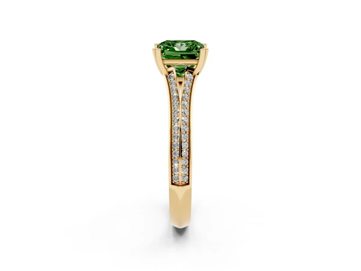 Fancy Green Princess Cut Diamond Split Shank Engagement Ring with Pavé Band Yellow gold
