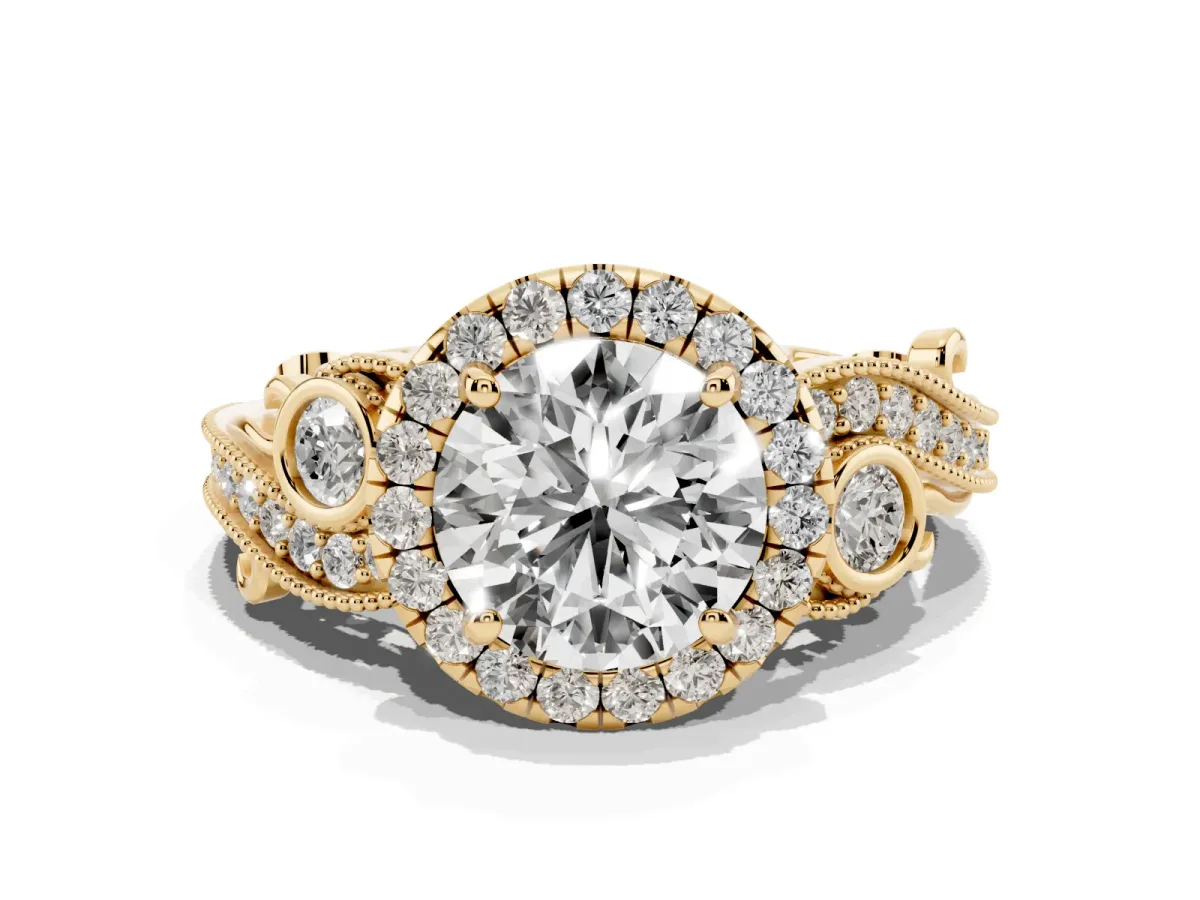 Round Cut Halo Diamond Ring with Milgrain and Bezel Accents on a Split Shank Band Yellow gold
