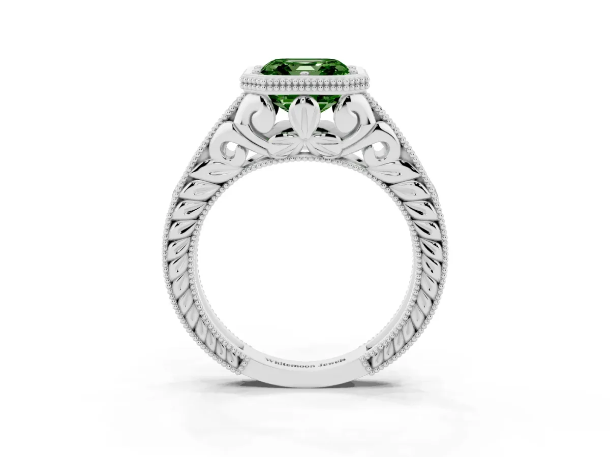 Fancy Green Bezel Set Asscher Cut Diamond Milgrain Pave Engagement Ring Silver