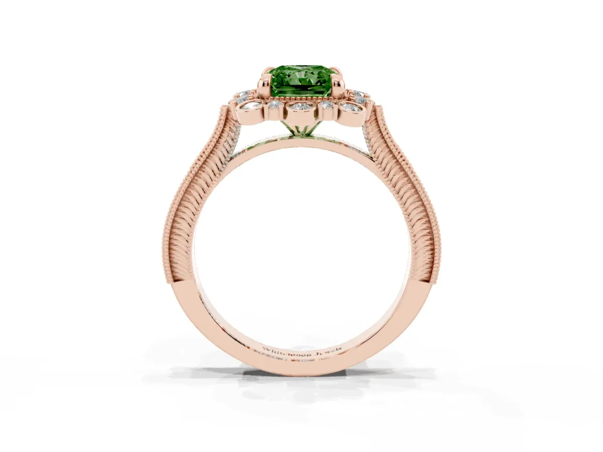 Fancy Green Radiant Cut Halo Milgrain Pave Diamond Ring with Four-Prong Setting Rose gold