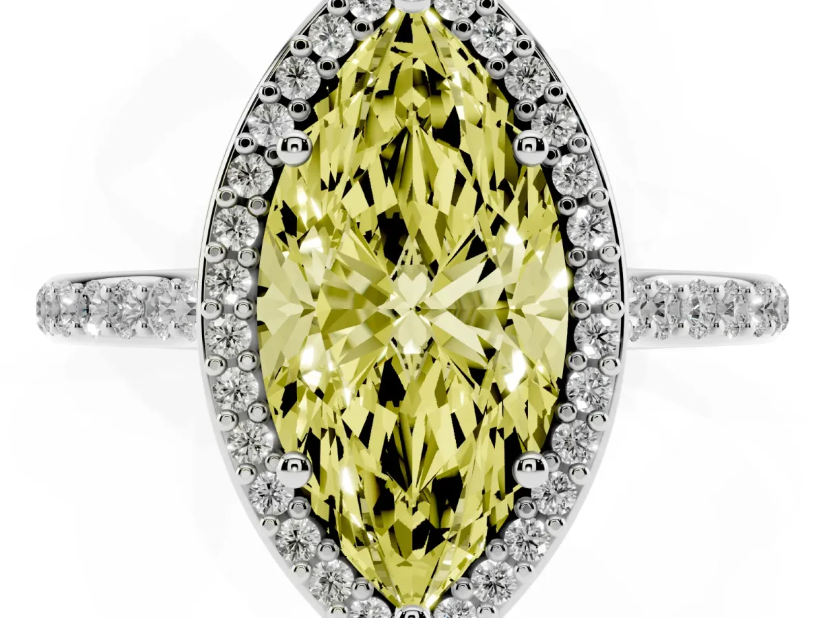 Fancy Yellow Marquise Cut Diamond Halo Engagement Ring with Round Pavé Shoulders and Prong Setting White gold
