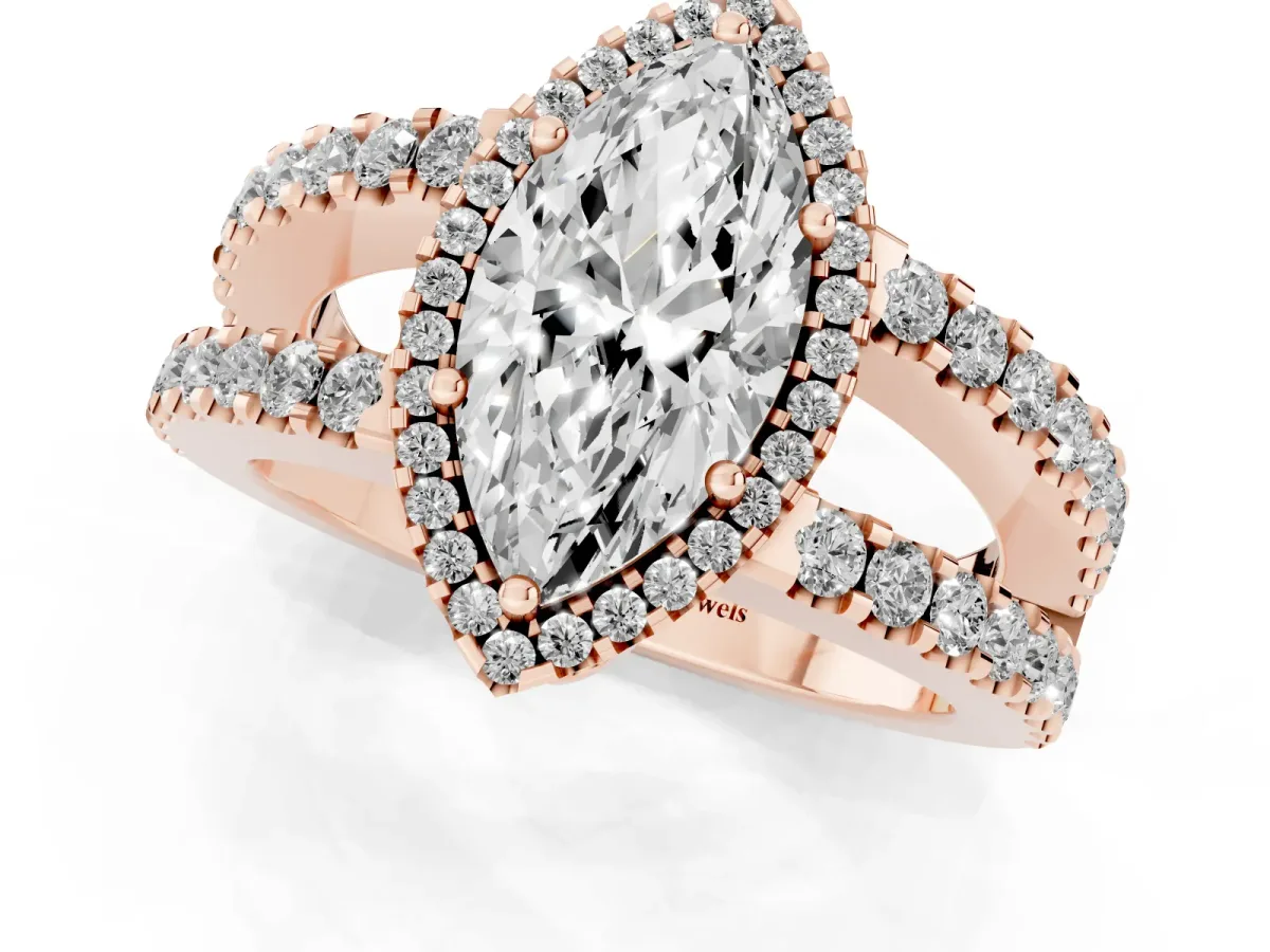 Marquise Cut Cut Halo Split Shank Diamond Ring with Four-Prong Setting Rose gold