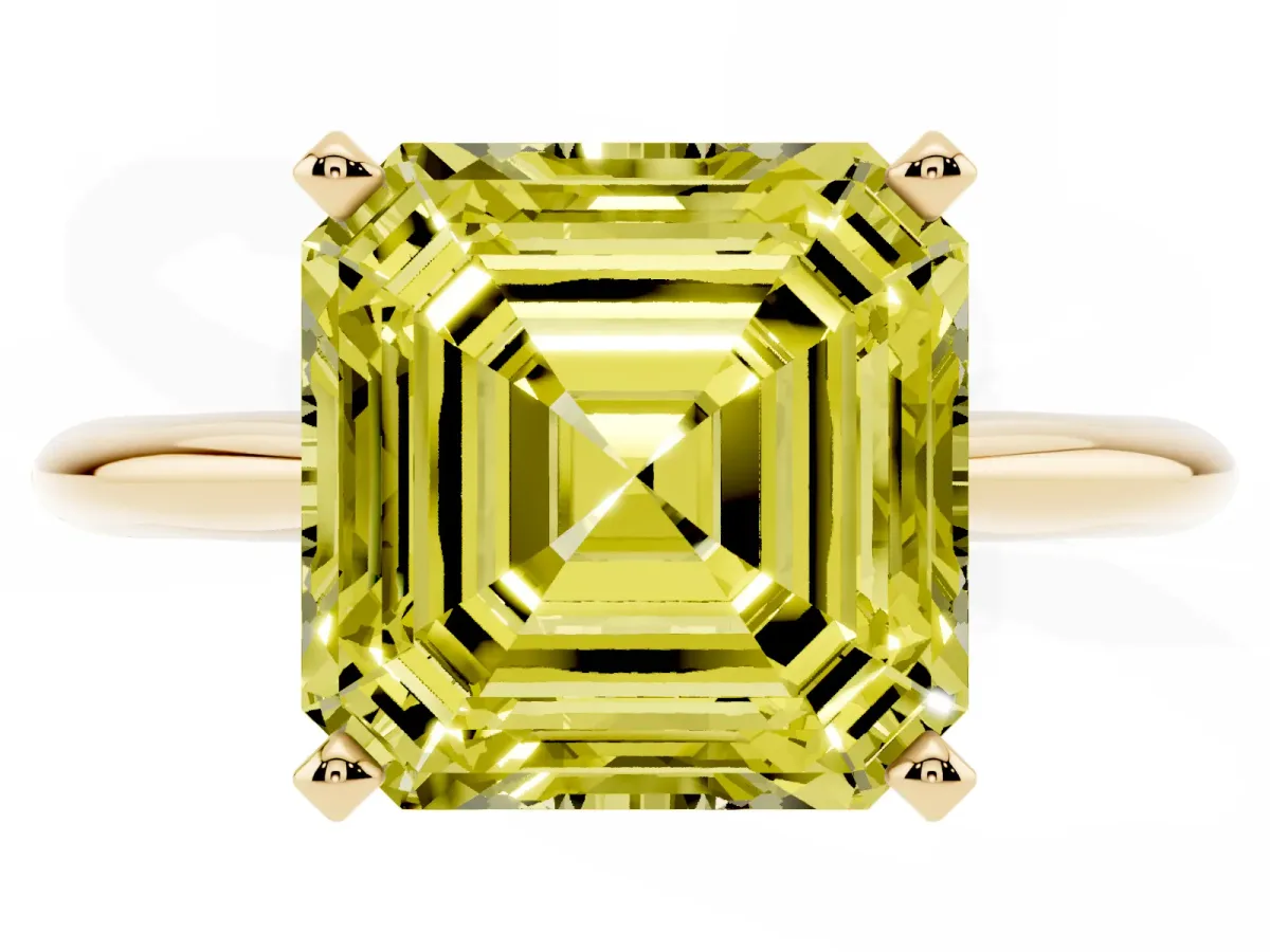 Fancy Yellow Asscher Cut Cut Solitaire Ring with Four-Prong Setting on a Classic Band Yellow gold