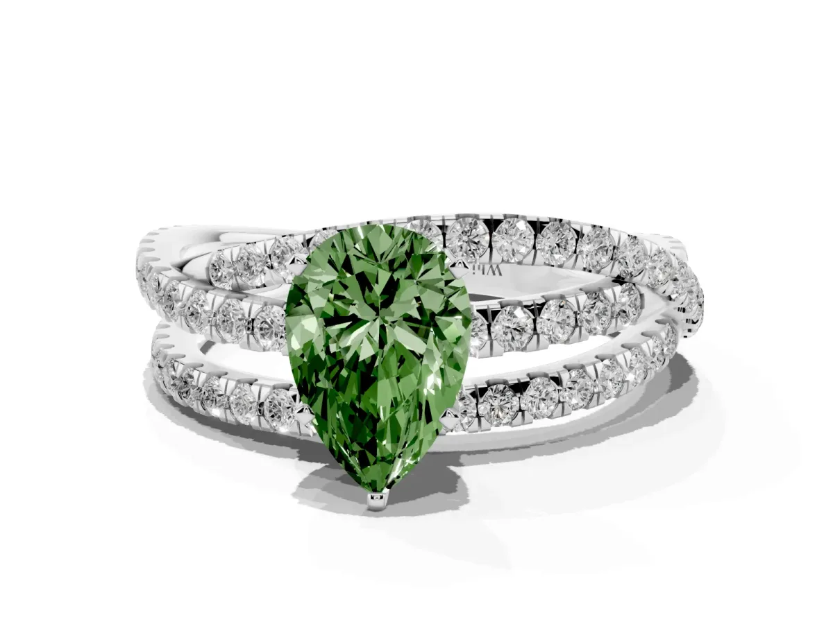 Fancy Green Pear Cut Solitaire Twist Band with Pavé Setting and Four-Prong Setting Silver