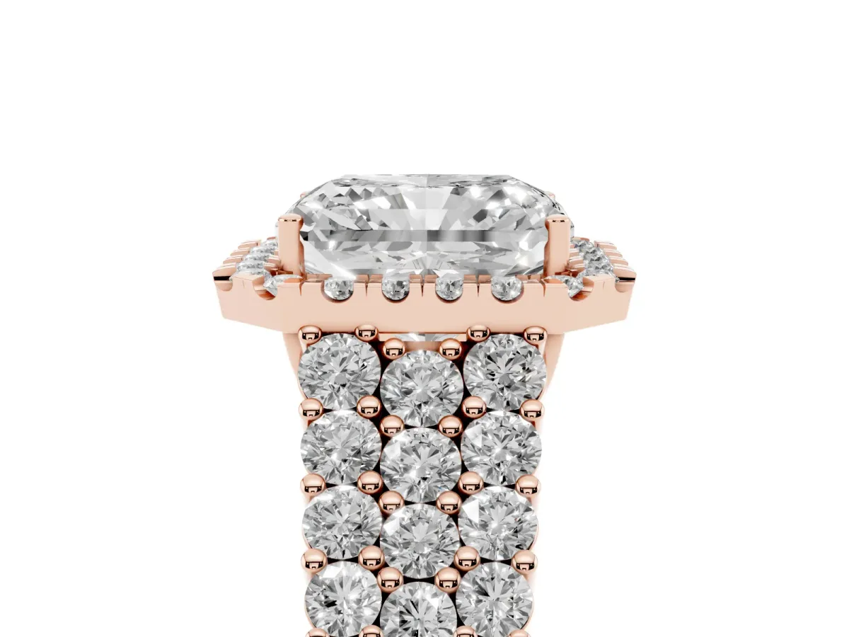 Radiant Cut Diamond Halo Engagement Ring with Triple Row Round Pavé Band and Prong Setting Rose gold