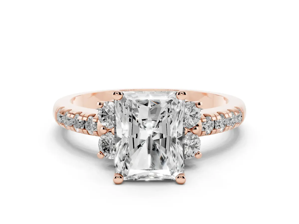 Radiant Cut Diamond Three-Stone Pave Band with Four-Prong Setting Rose gold
