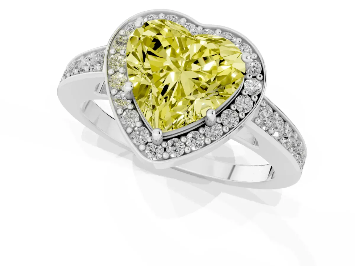 Fancy Yellow Heart Cut Halo Pavé Diamond Engagement Ring with Bezel Setting Silver