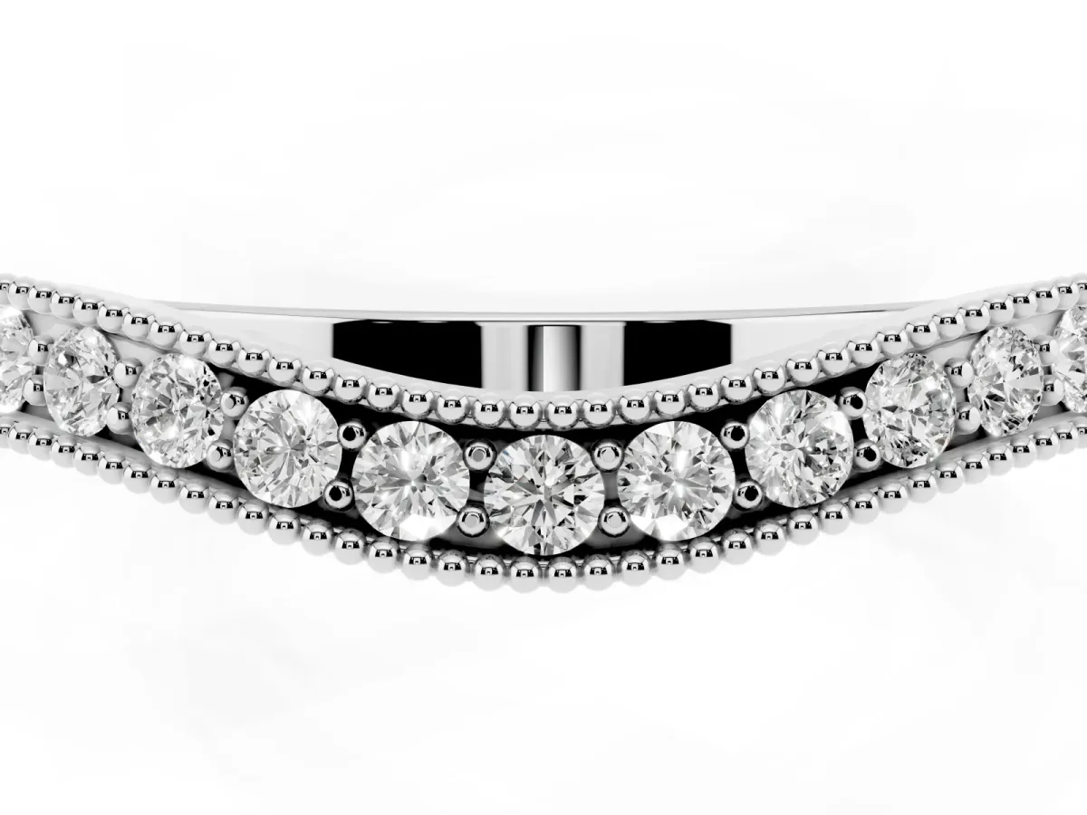 Round Brilliant Milgrain Bezel Set Diamond Wave Band Silver