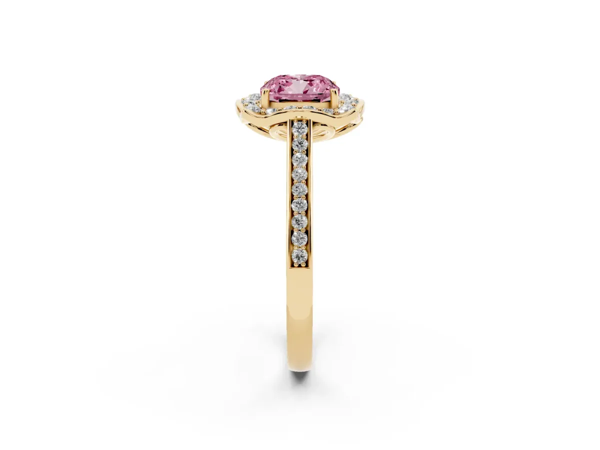 Fancy Pink Cushion Cut Halo Round Diamond Pave Band with Four-Prong Setting Yellow gold