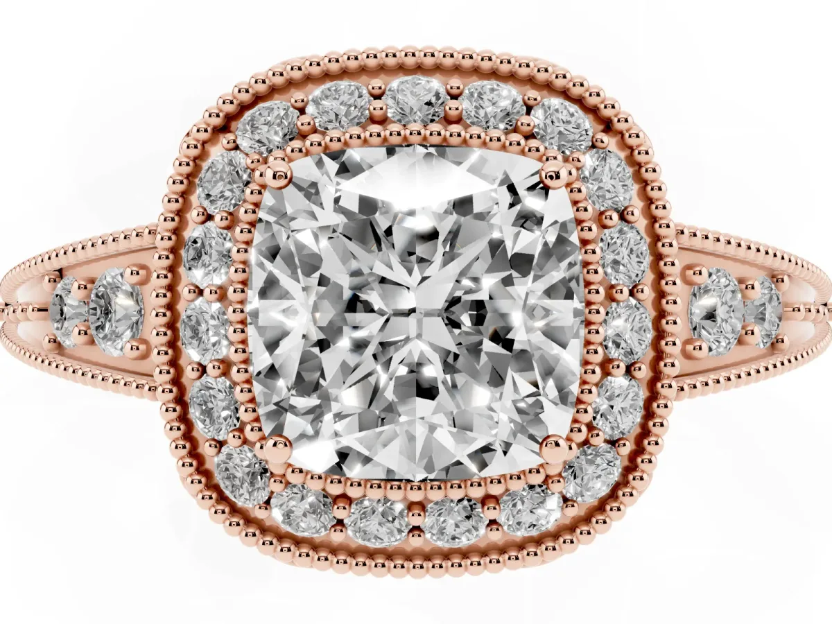 Cushion Cut Halo Diamond Split Shank Ring with Milgrain Detail Rose gold