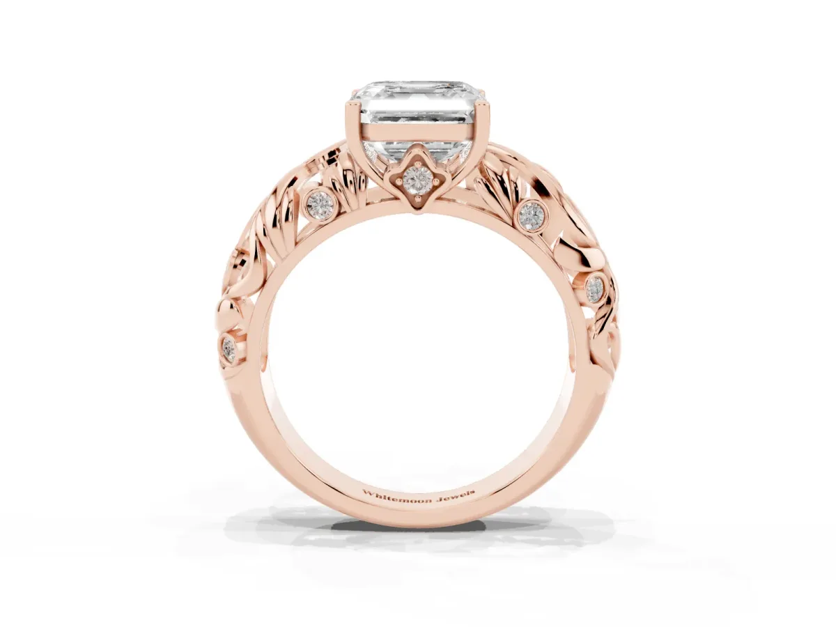Asscher Cut Solitaire Diamond Leaf-Inspired Vine Band Ring with Prong Setting Rose gold