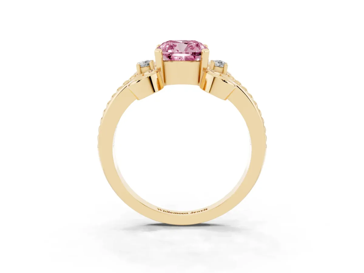 Fancy Pink Cushion Cut Solitaire Twisted Band Scroll Prong Ring Yellow gold