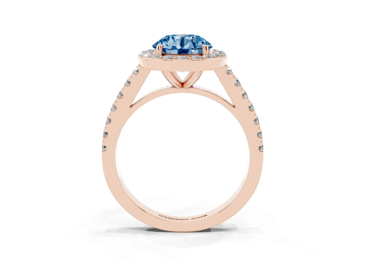 Fancy Blue Round Cut Diamond Halo Ring with Round Pavé Split Shank and Prong Setting Rose gold