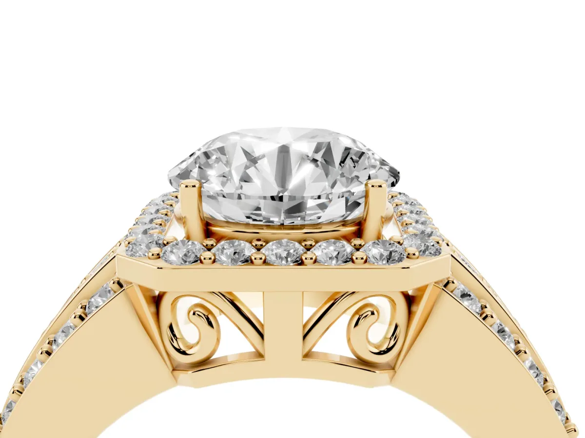 Round Cut Halo Diamond Ring with Round Split Shank and Prong Setting Yellow gold