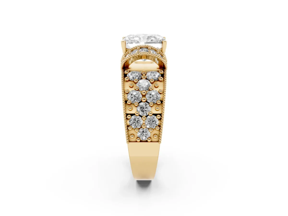 Radiant Cut Halo Pave Diamond Engagement Ring with Milgrain Detailing Yellow gold