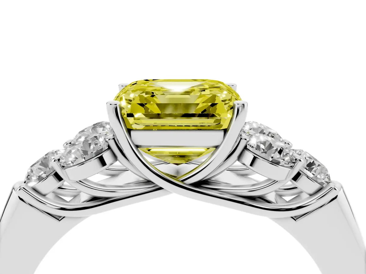 Fancy Yellow Asscher Cut Cut Diamond Cluster Ring with Round Accent Stones and Prong Setting on a Classic Band White gold